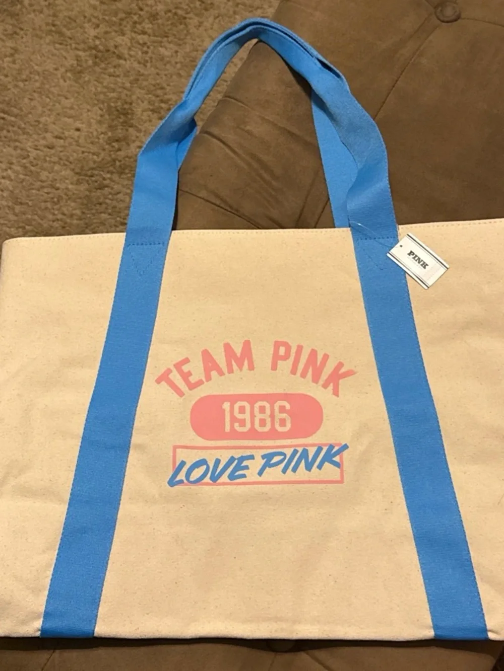 PINK Victoria's Secret Canvas Tote with Blue Straps